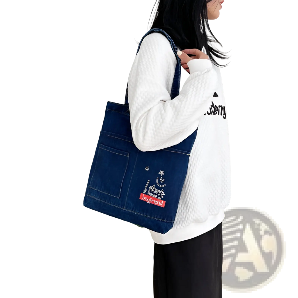 Embroidered Denim Tote Bag with Slogan and Soft Handle