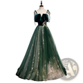 Emerald Velvet Off-shoulder Gown with Gold Embroidery
