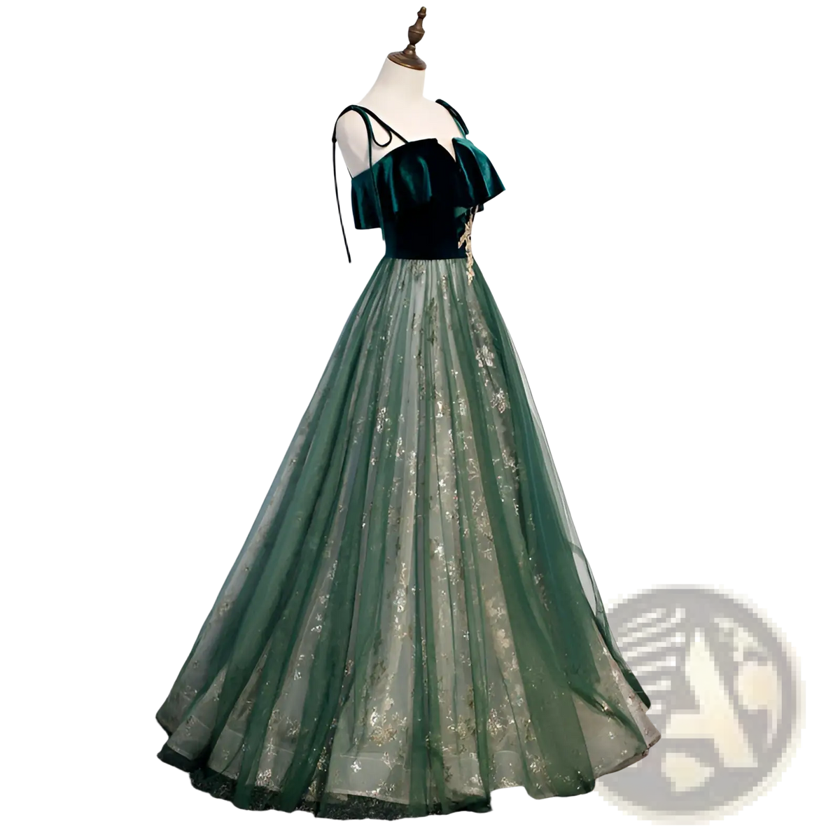 Emerald Velvet Off-shoulder Gown with Gold Embroidery
