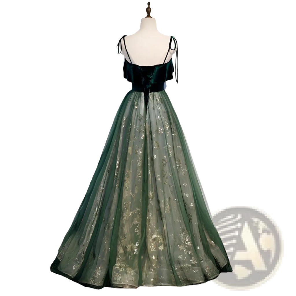 Emerald Velvet Off-shoulder Gown with Gold Embroidery