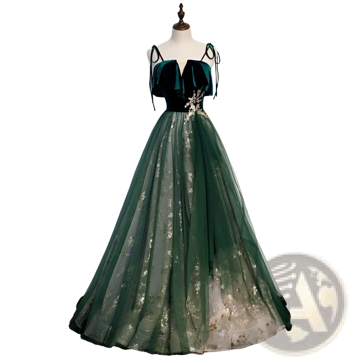 Emerald Velvet Off-shoulder Gown with Gold Embroidery