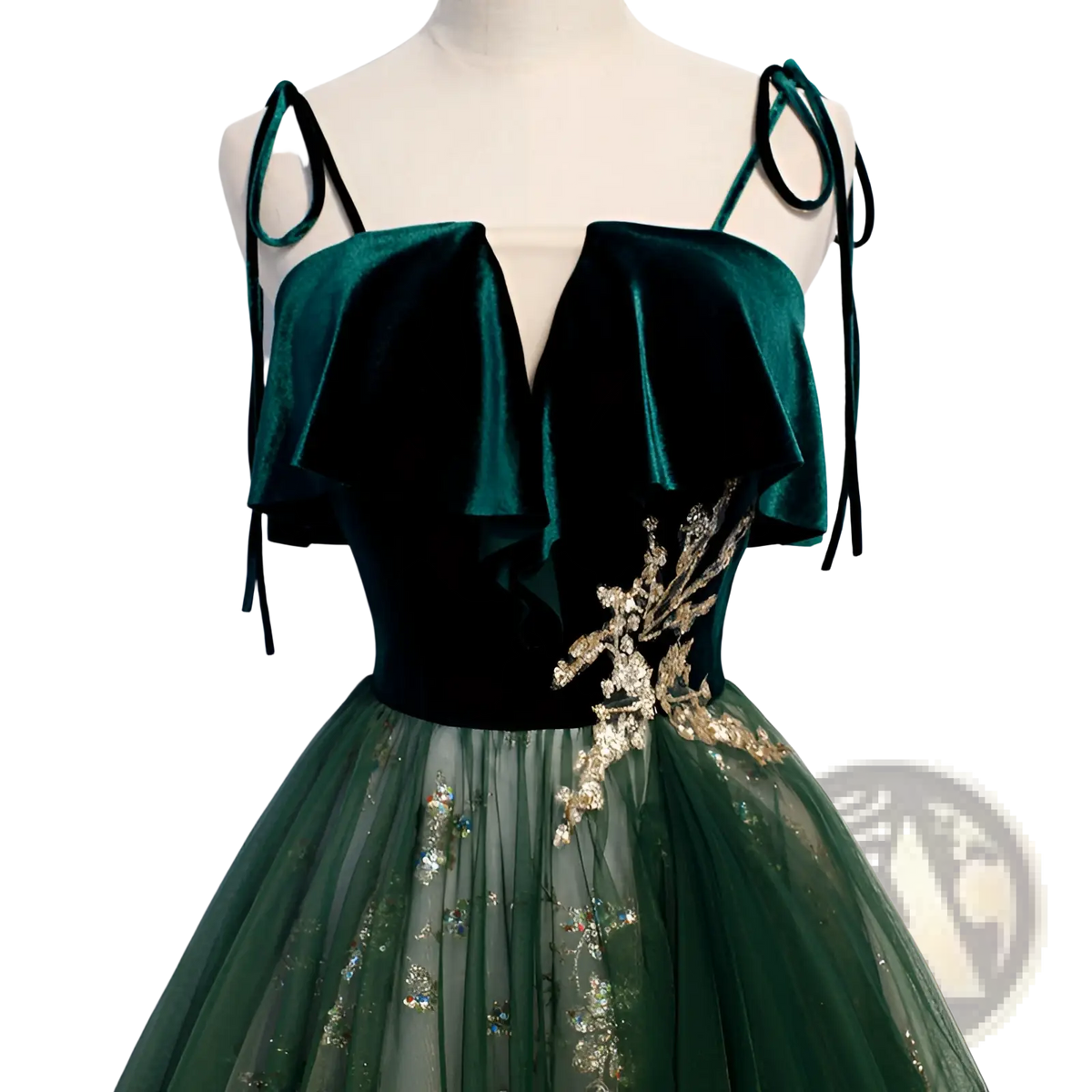 Emerald Velvet Off-shoulder Gown with Gold Embroidery