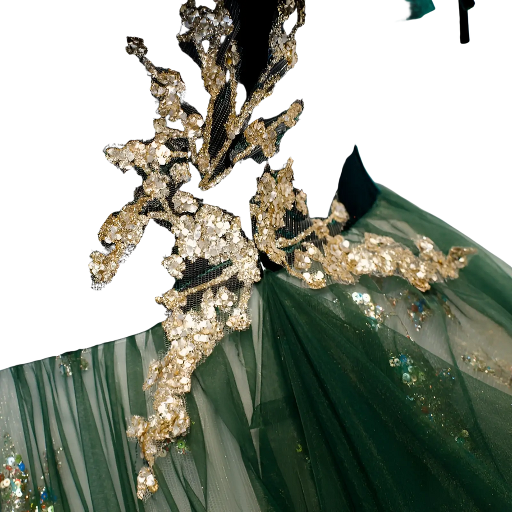 Emerald Velvet Off-shoulder Gown with Gold Embroidery