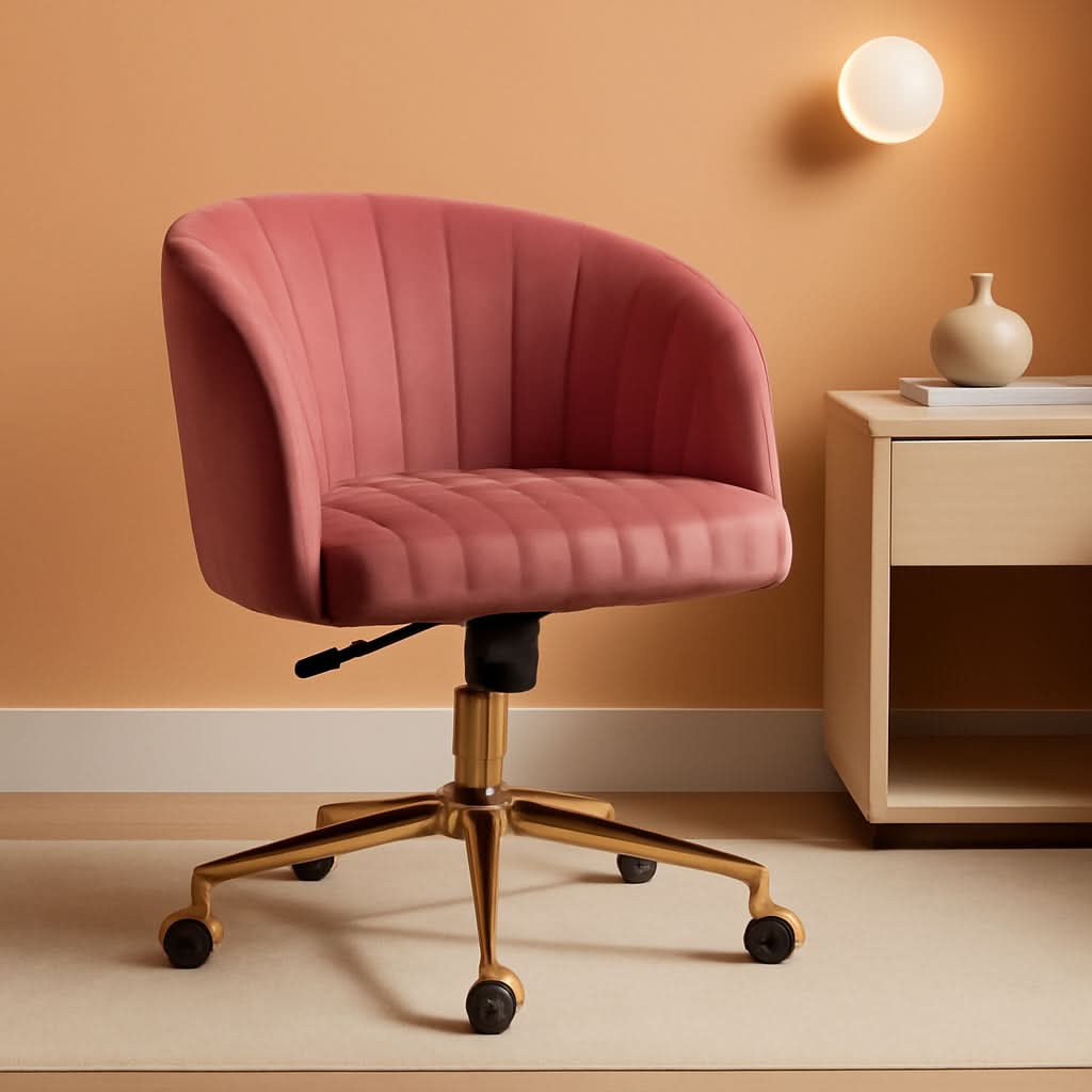 Pink Velvet Swivel Home Office Chair 360 Degree With Gold Base
