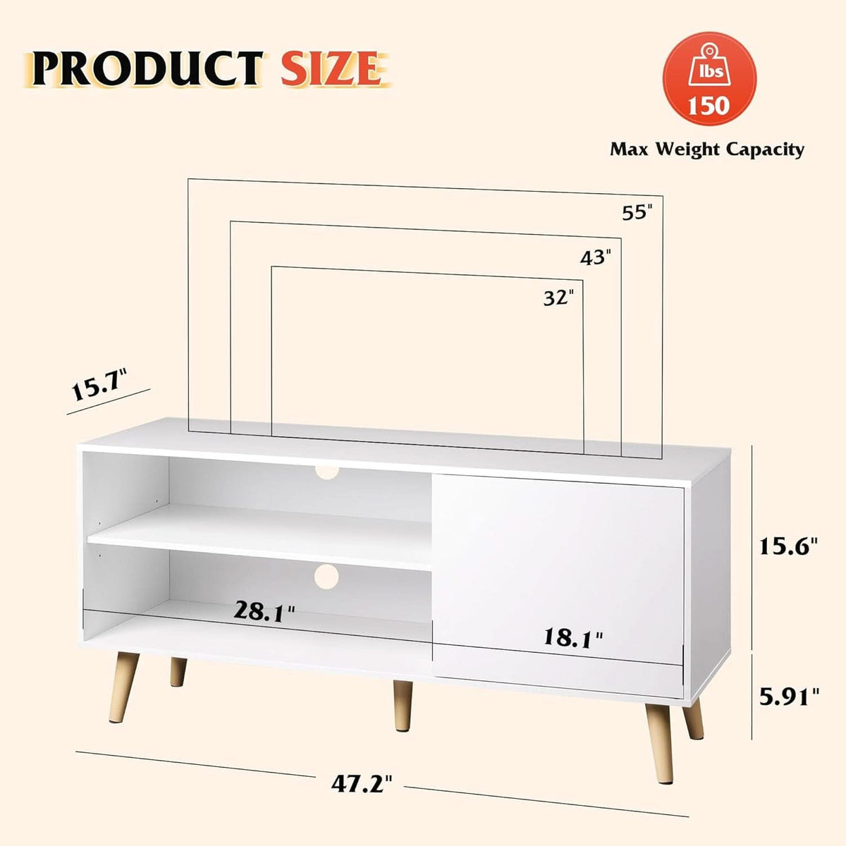 55-Inch TV Stand White Mid-Century Modern Storage Shelves