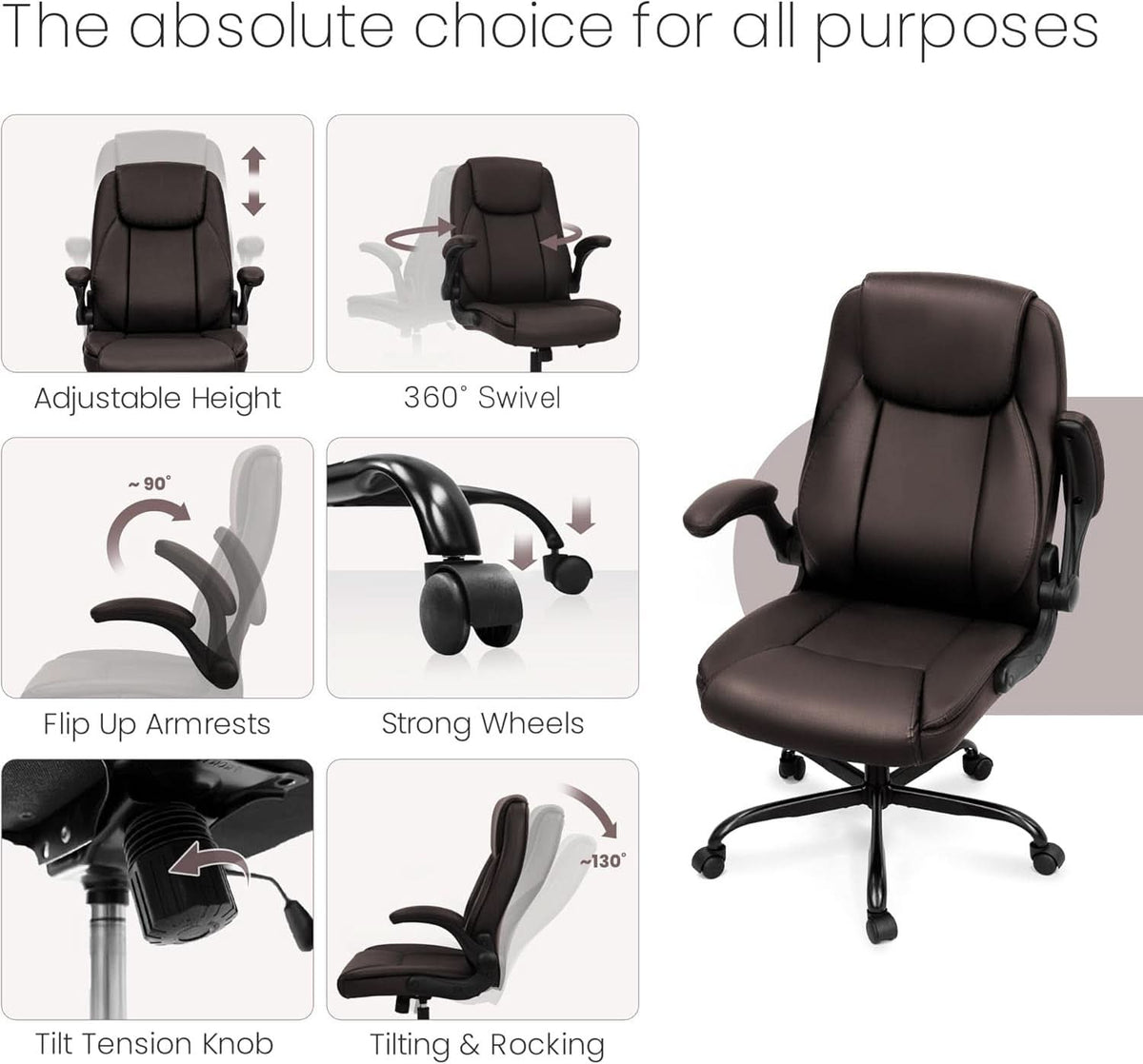 Brown PU Leather Office Chair With Adjustable Height