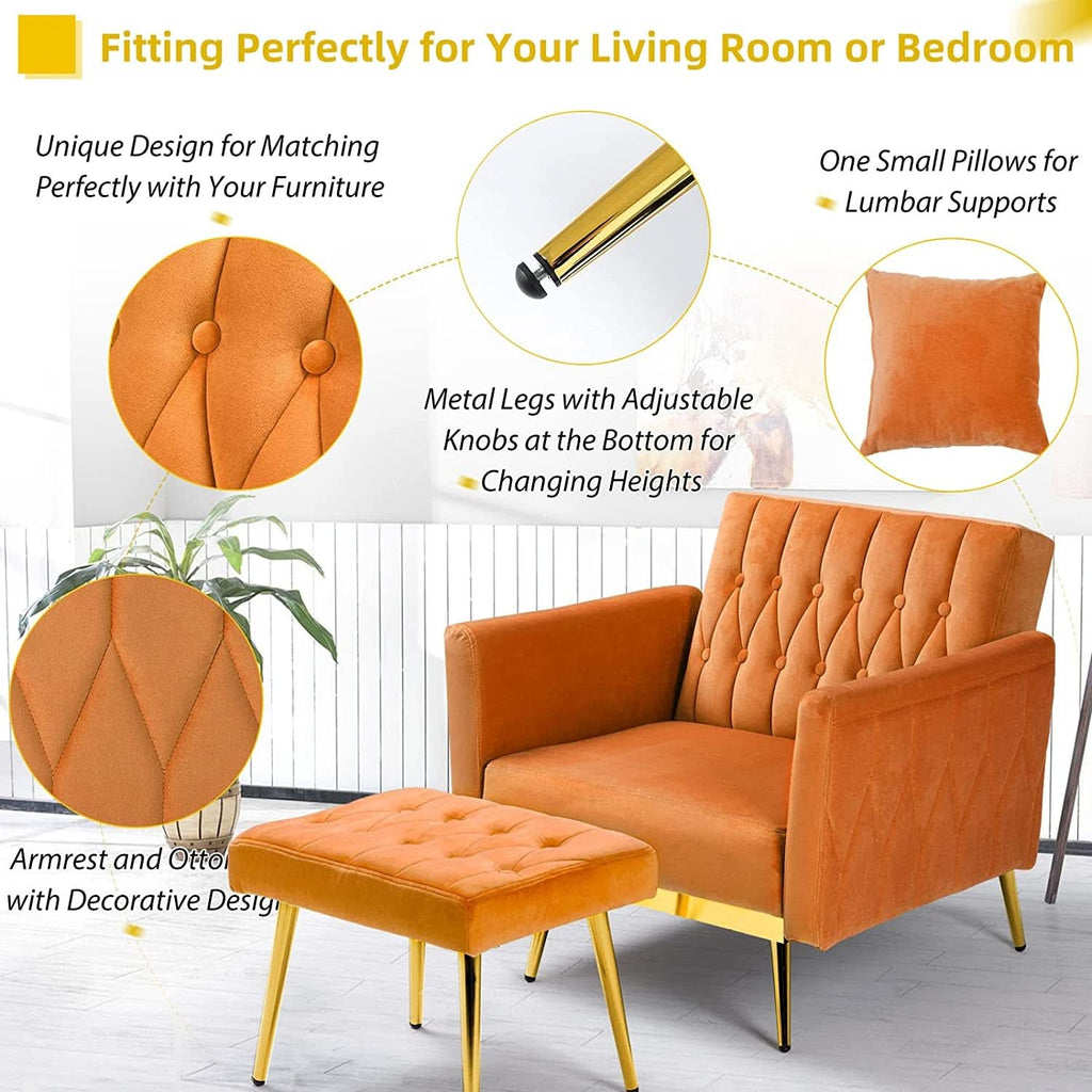 Velvet Armchair With Ottoman And Adjustable Backrest Orange