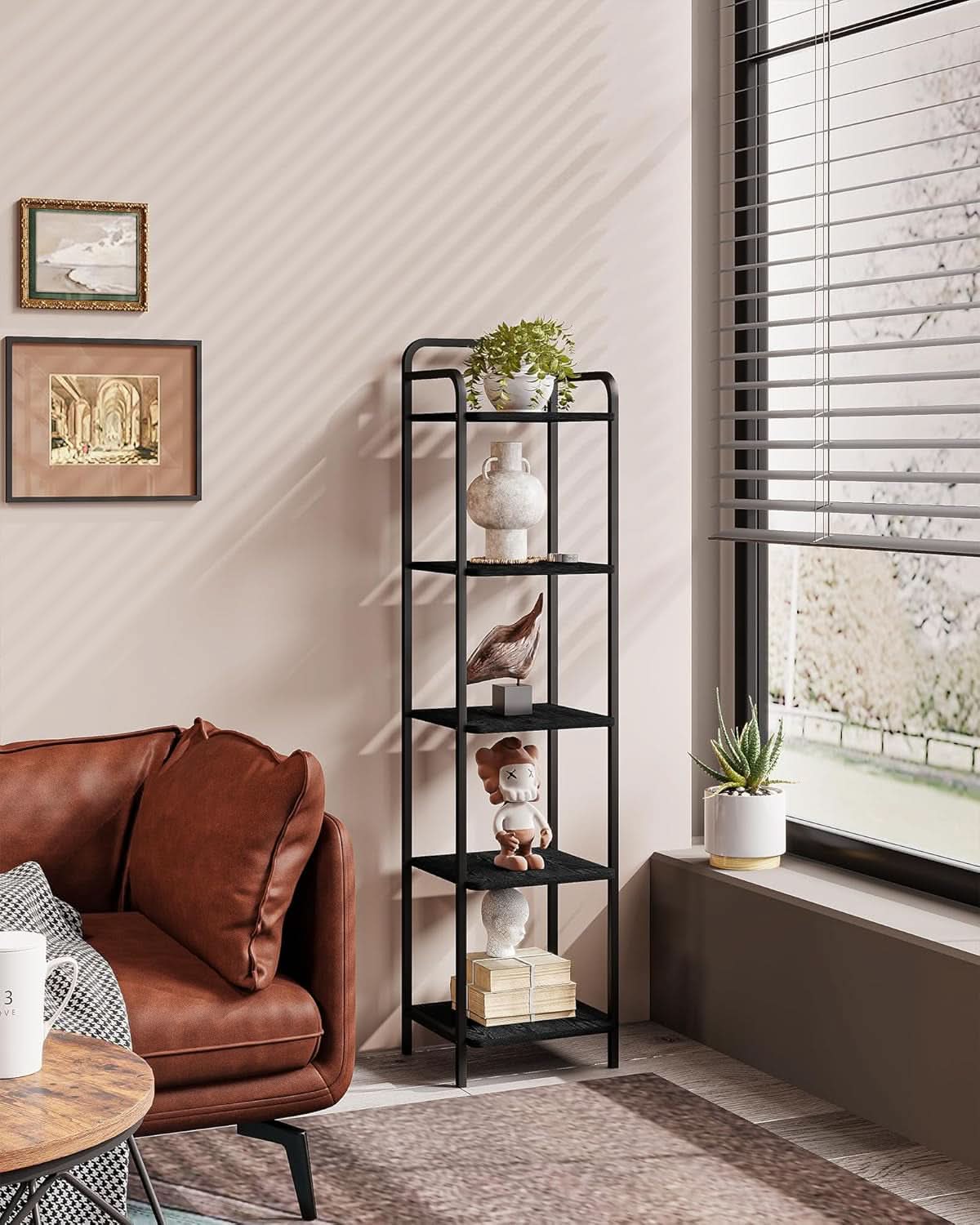 Black 5 Tier Narrow Bookcase Corner Shelf Organizer Industrial Design