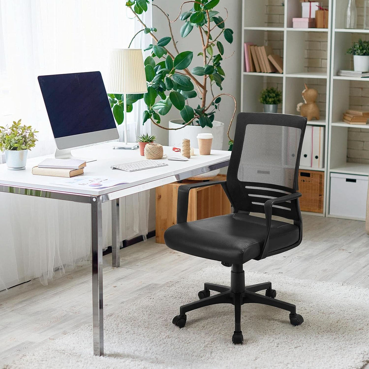 Ergonomic Office Chair Leather Seat Mesh Back Black With Lumbar Support