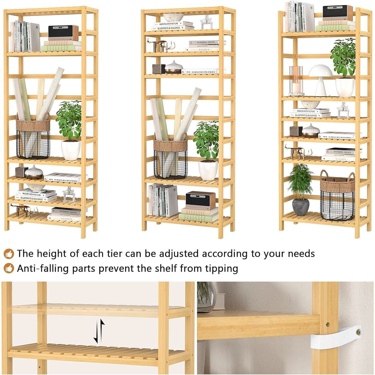 Six Tier Adjustable Bamboo Bookshelf Tall 63 Inch Natural
