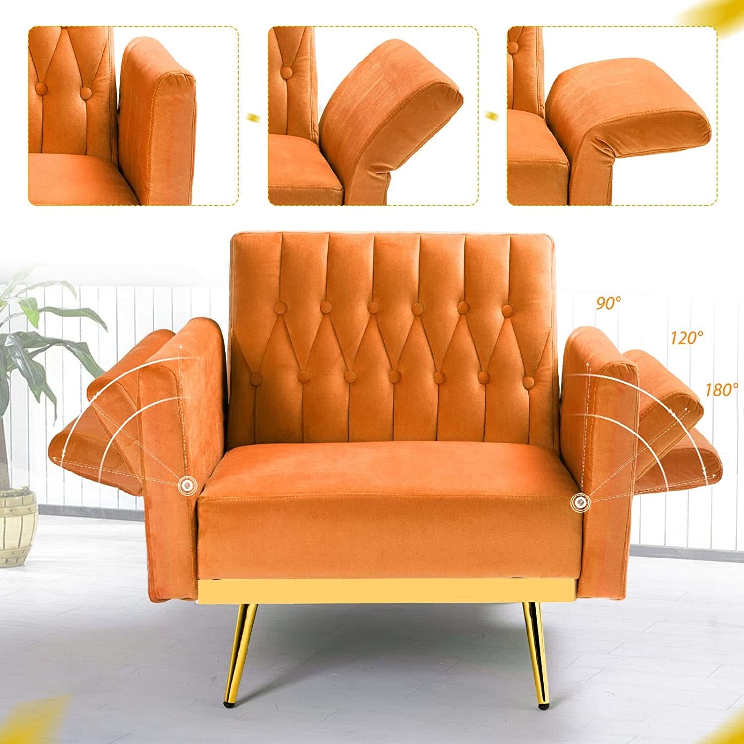 Velvet Armchair With Ottoman And Adjustable Backrest Orange