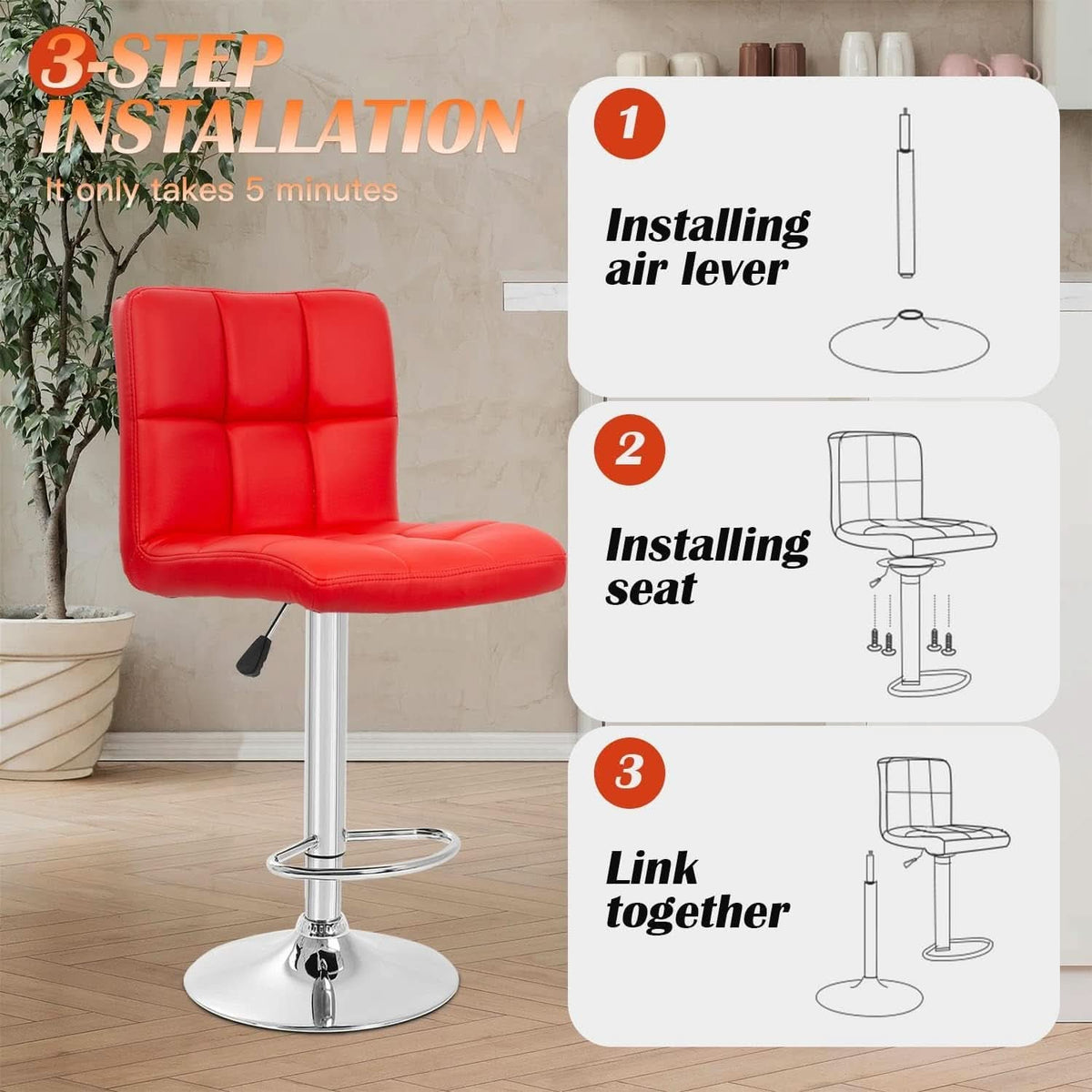 Red Adjustable Swivel Bar Stools Set Of 2 PU Leather