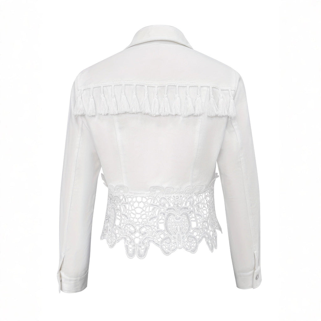Womens Lapel Hem Hollow-Out Patchwork Tassel Coat