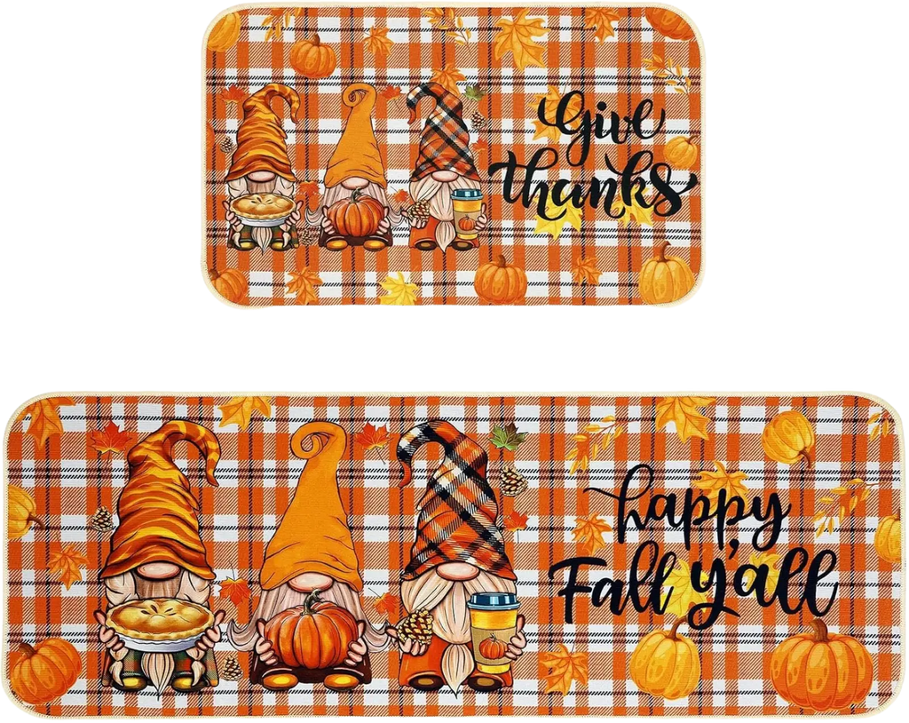 Fall Kitchen Mats Gnome Plaid Thanksgiving 2 Pack