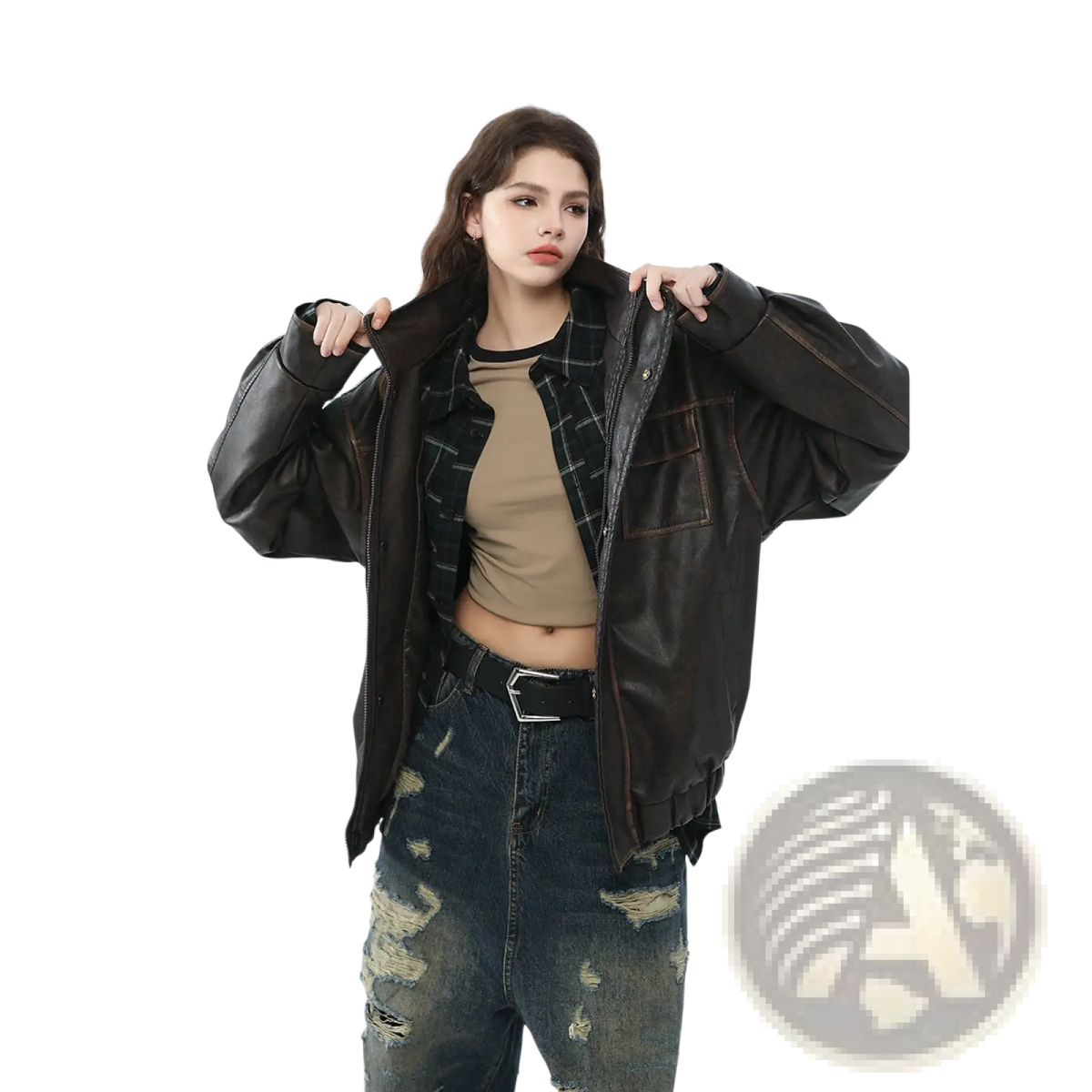 Faux Leather Biker Bomber Jacket with Utility Pockets