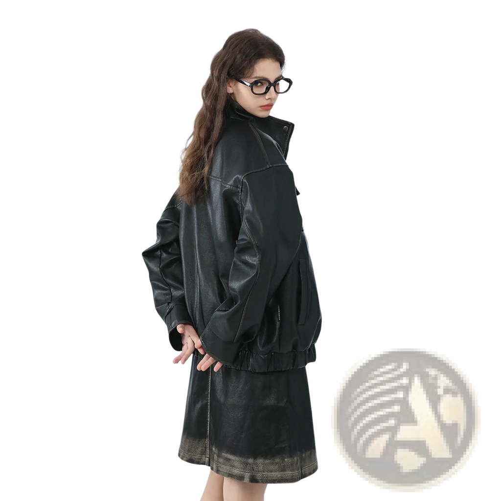 Faux Leather Biker Bomber Jacket with Utility Pockets