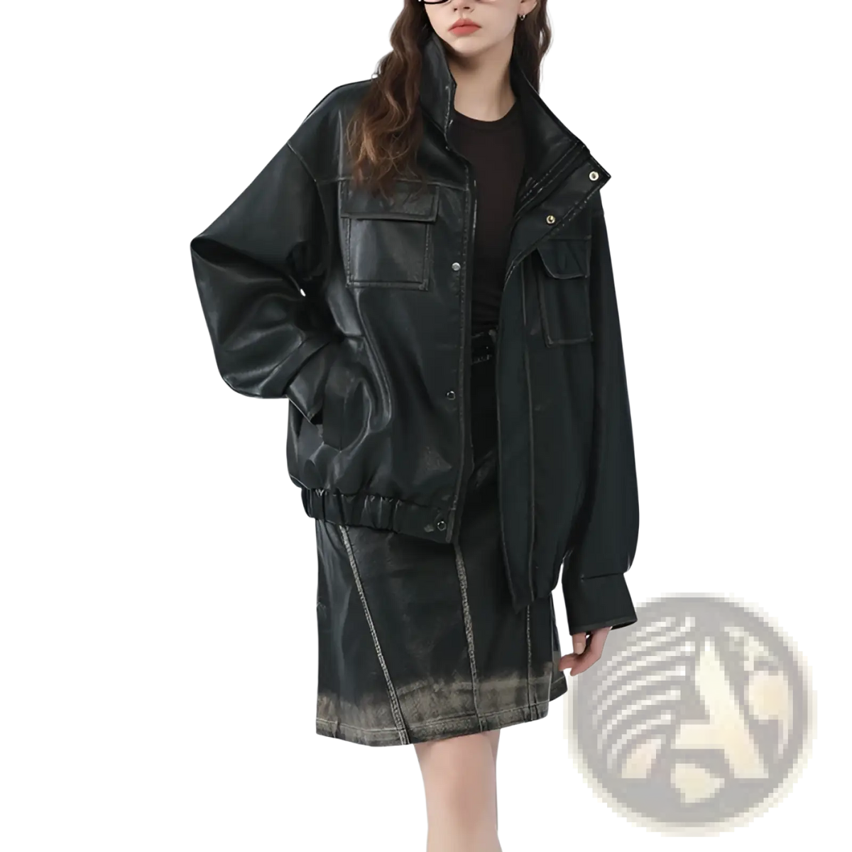 Faux Leather Biker Bomber Jacket with Utility Pockets