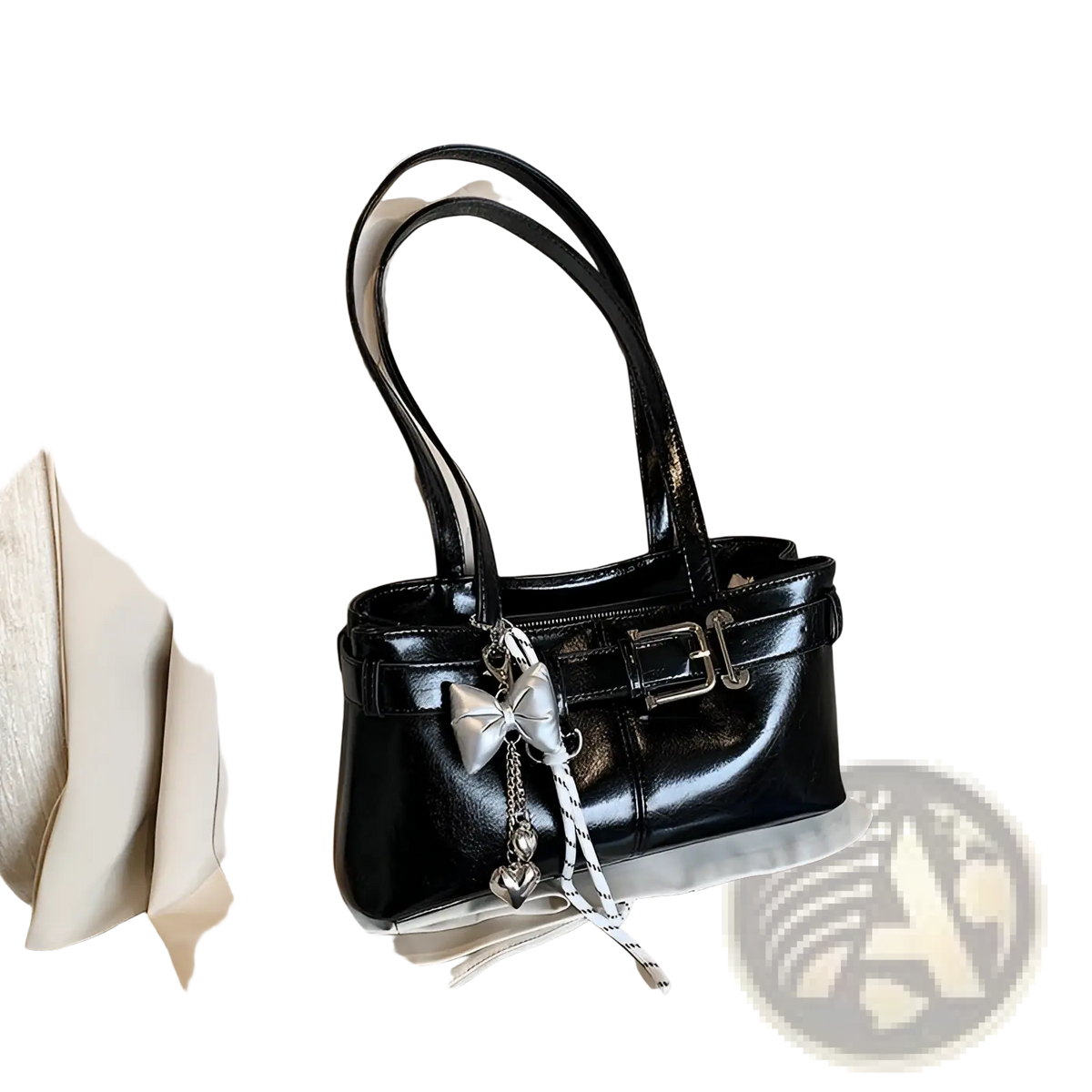 Faux Leather Buckle Shoulder Bag with Bow Charm