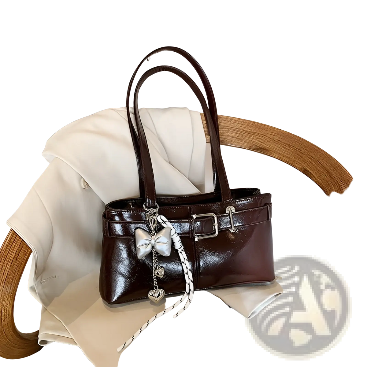 Faux Leather Buckle Shoulder Bag with Bow Charm