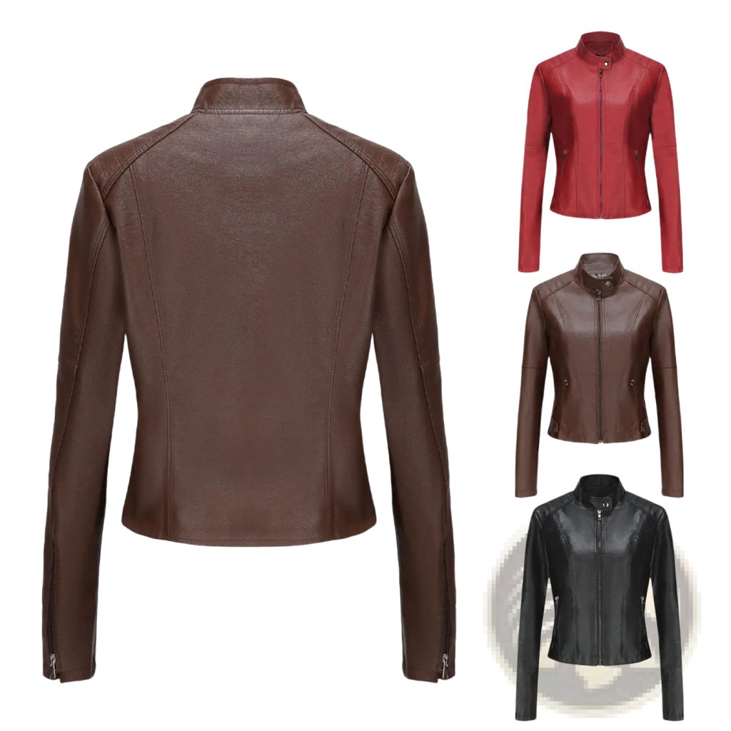 Faux Leather Moto Jacket with Stand Collar