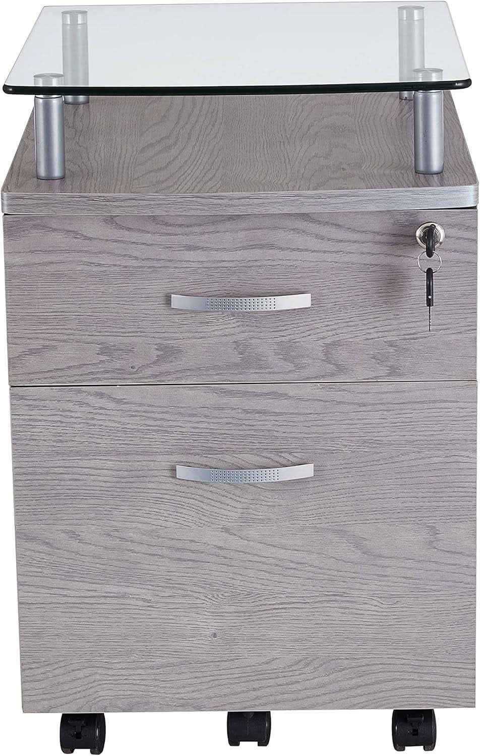 Two Drawer Rolling File Cabinet With Lock And Glass Top Under Desk Printer Stand Grey Office Furniture