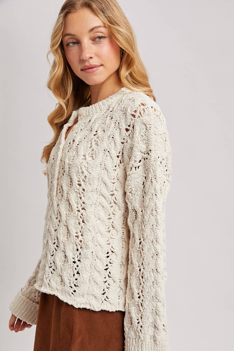 Half-Button Down Open Knit Sweater: ECRU