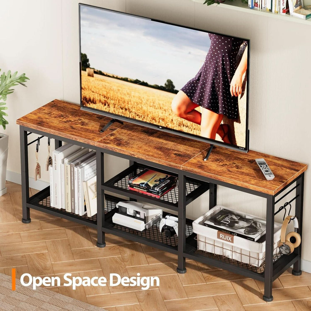 Rustic Brown TV Stand For 55 Inch With Open Storage Shelves