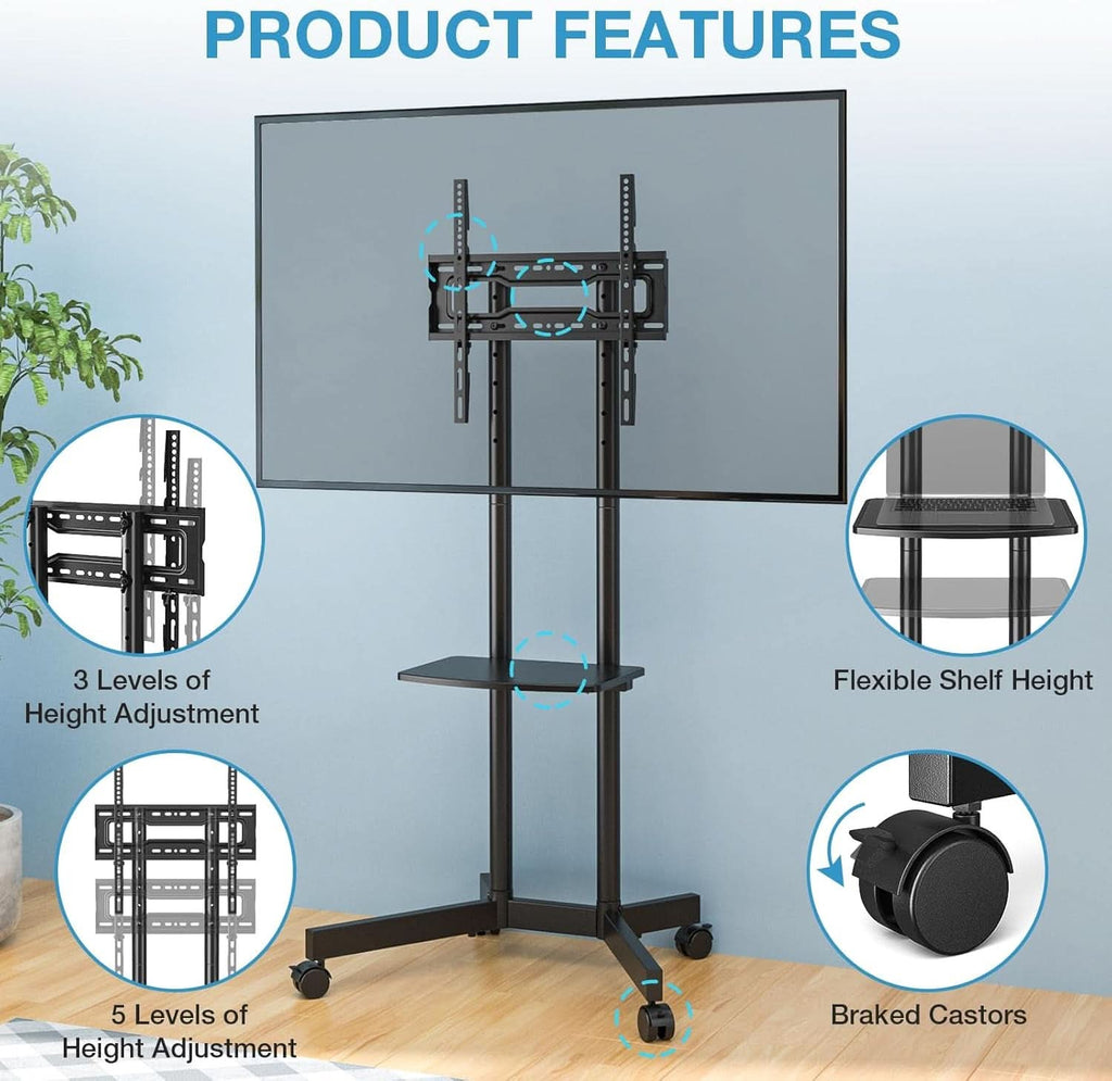 Rolling TV Stand 32-75 Inch With Height Adjustable Shelf