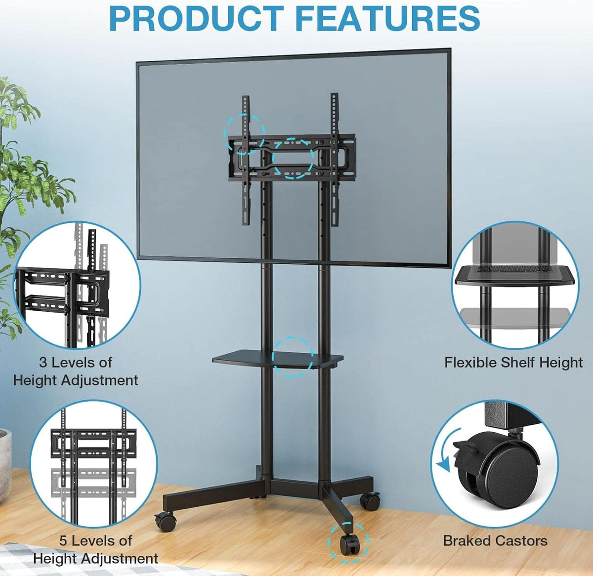 Rolling TV Stand 32-75 Inch With Height Adjustable Shelf