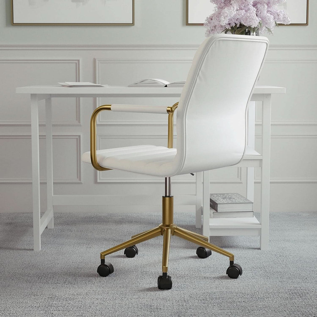 Taytum Swivel Task Chair White Faux Leather Brass Frame