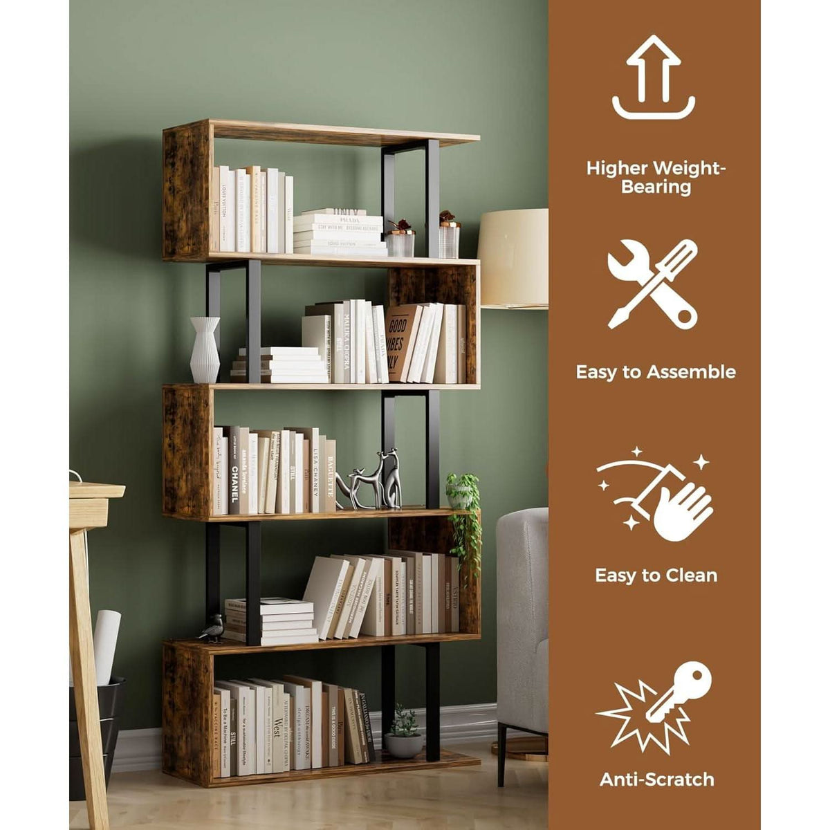 5-Tier S Shaped Bookcase In Rustic Brown Wood Shelving