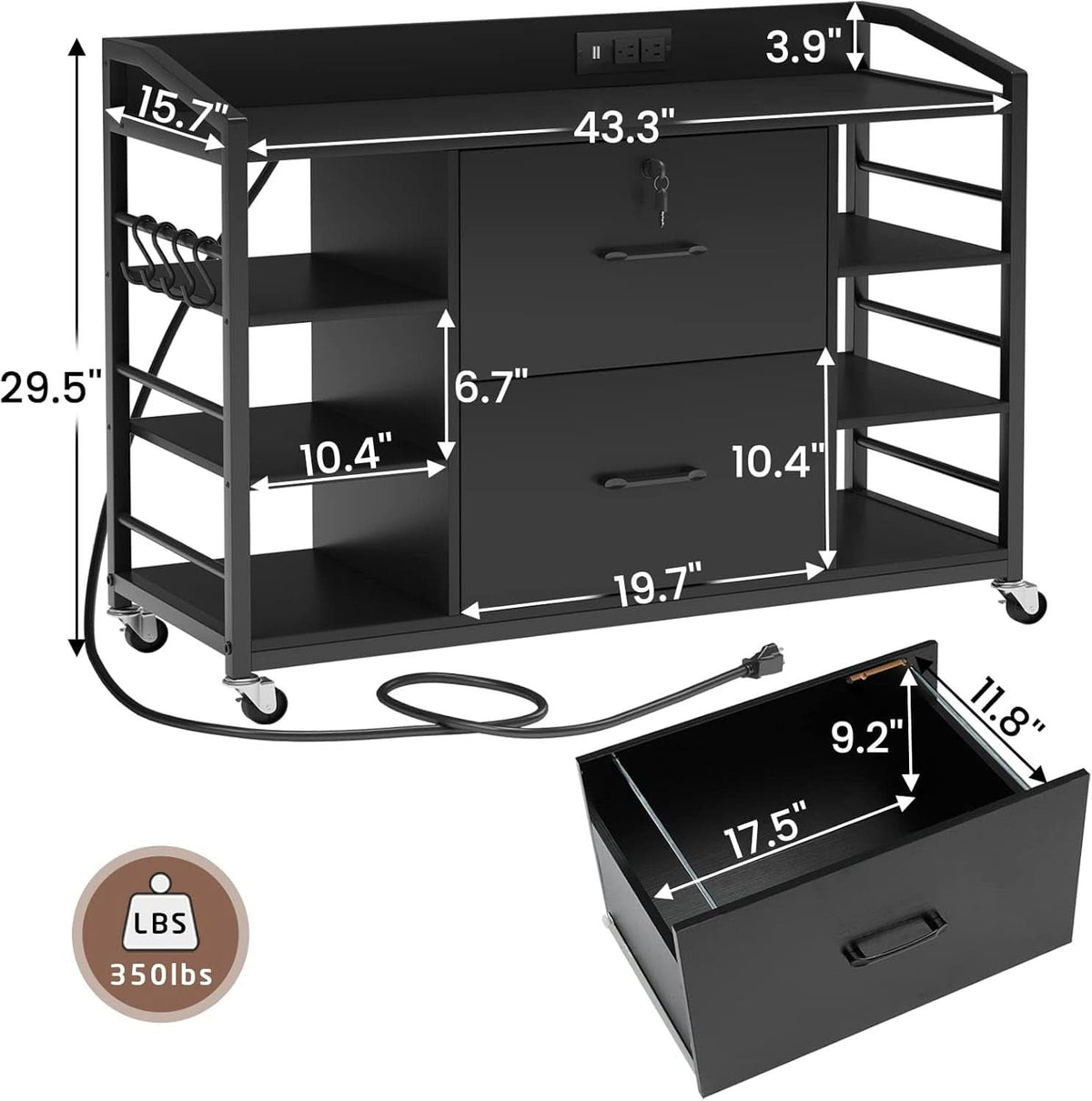 44 Inch 2 Drawer File Cabinet For Home Office Black
