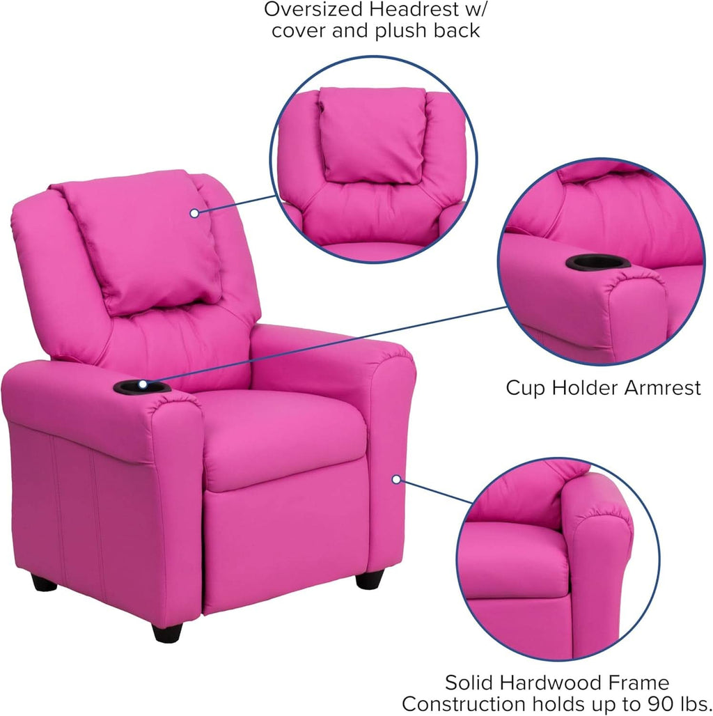 Hot Pink Kids Recliner With Cup Holder Compact Design