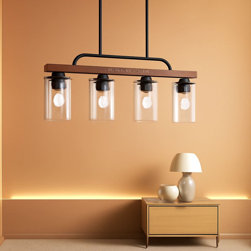 Black Wood Farmhouse 4 Light Pendant Chandelier For Dining