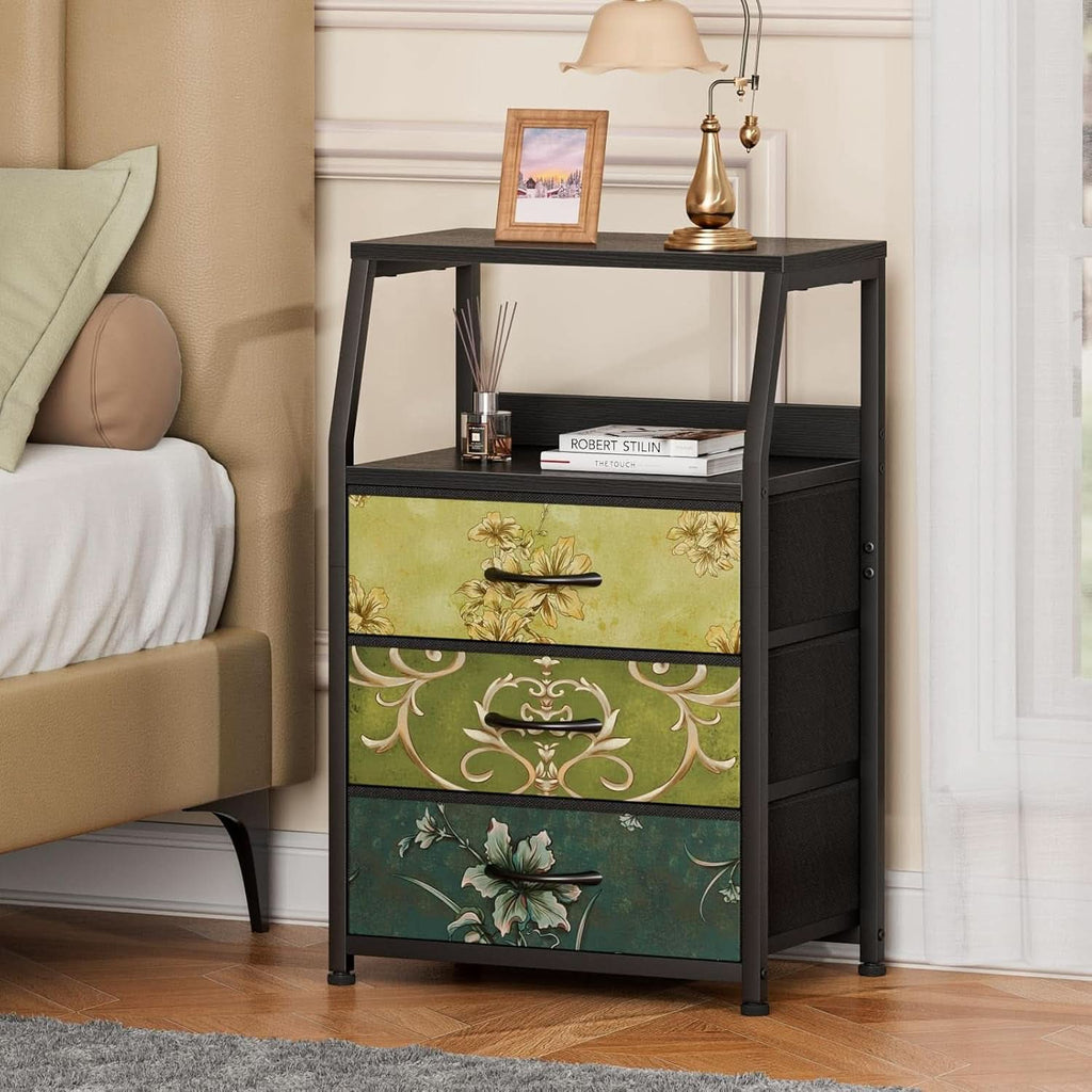 Retro Nightstand With 3 Drawers And 2 Tier Shelf Storage