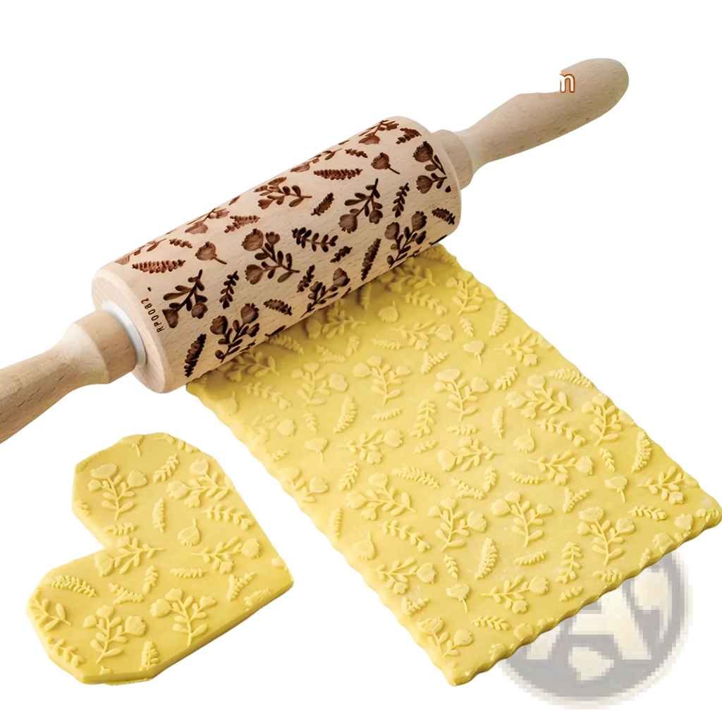Floral Embossed Beech Wood Rolling Pin for Baking