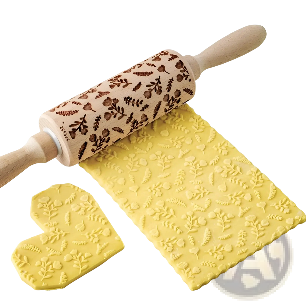 Floral Embossed Beech Wood Rolling Pin for Baking