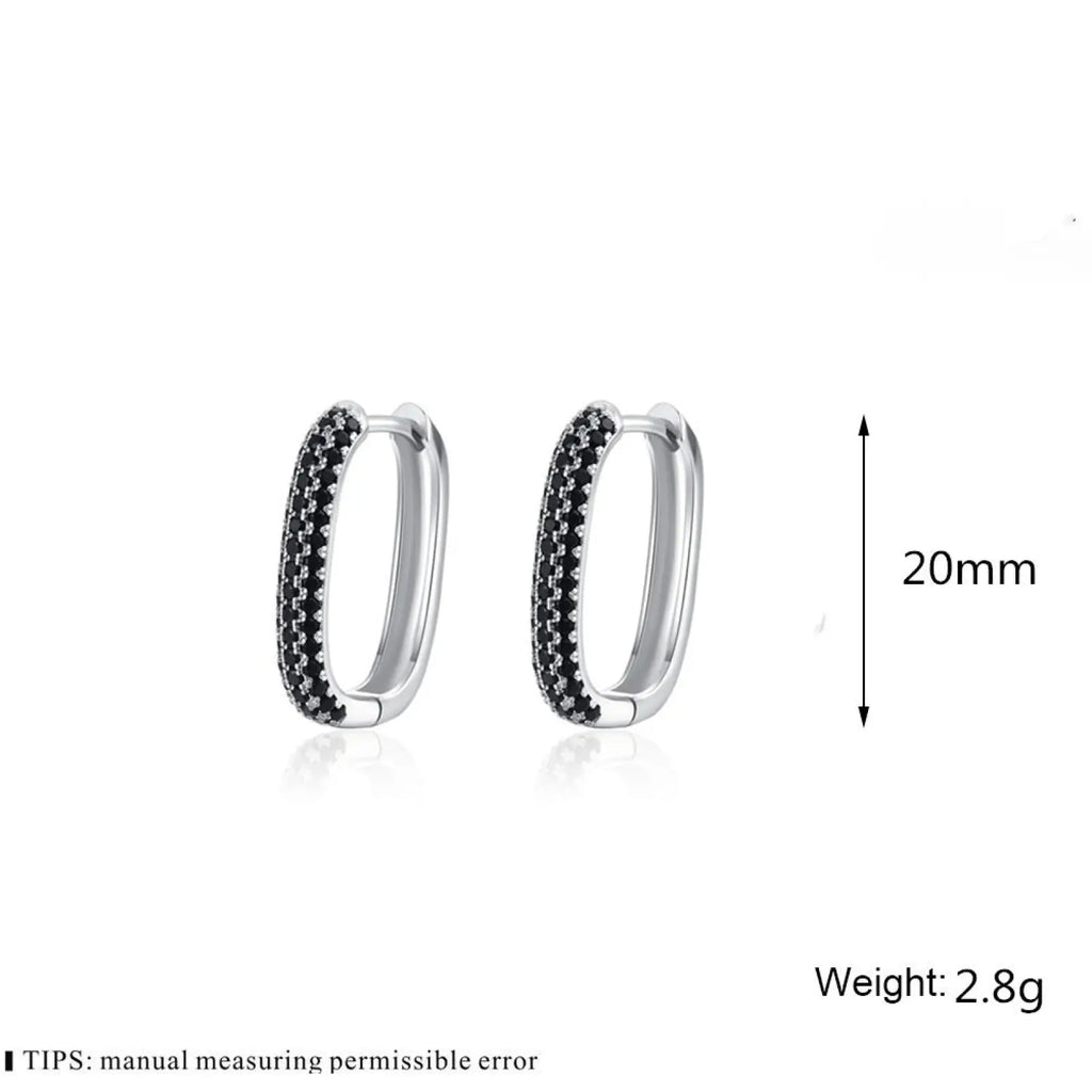 French Black Zircon Silver Hoop Earrings