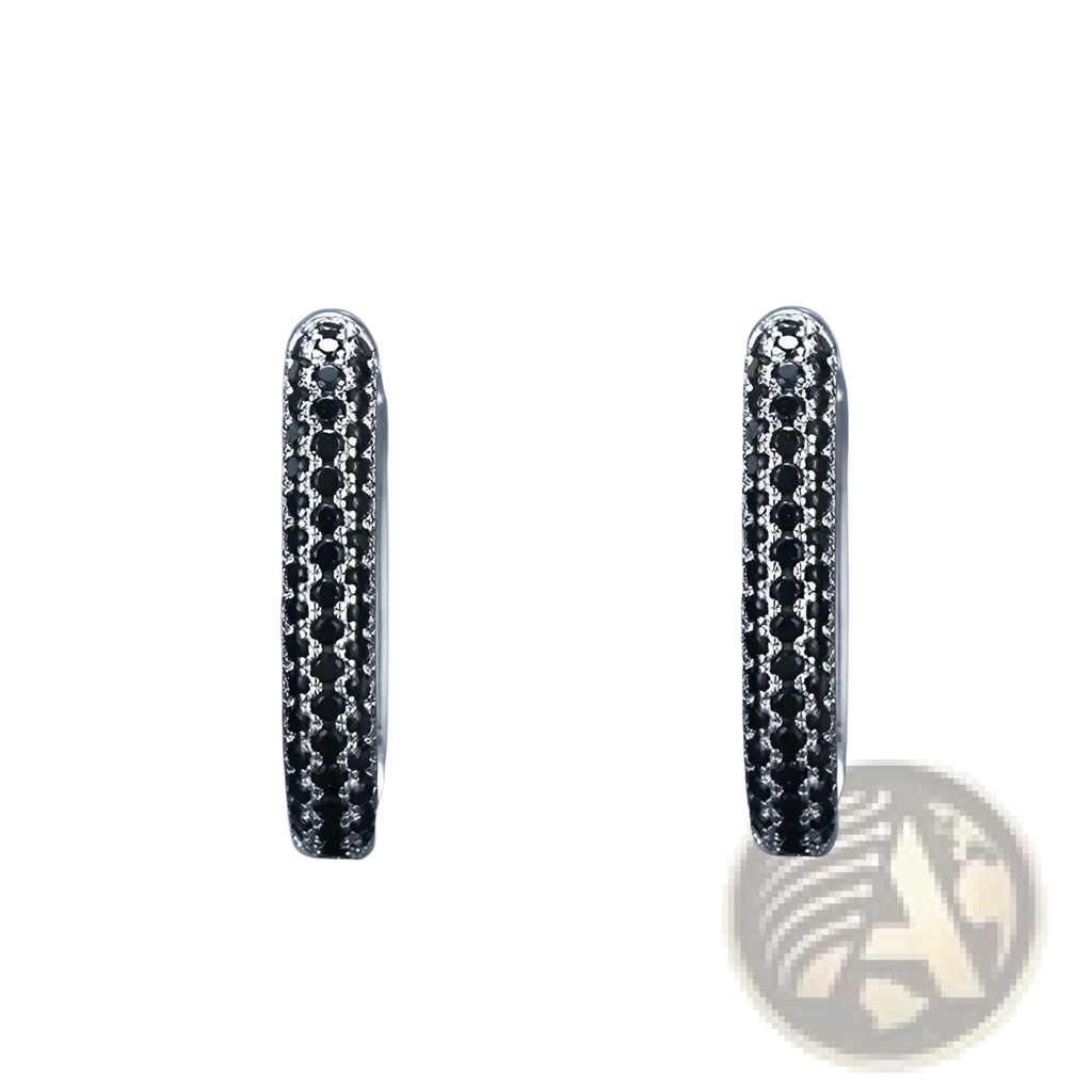 French Black Zircon Silver Hoop Earrings