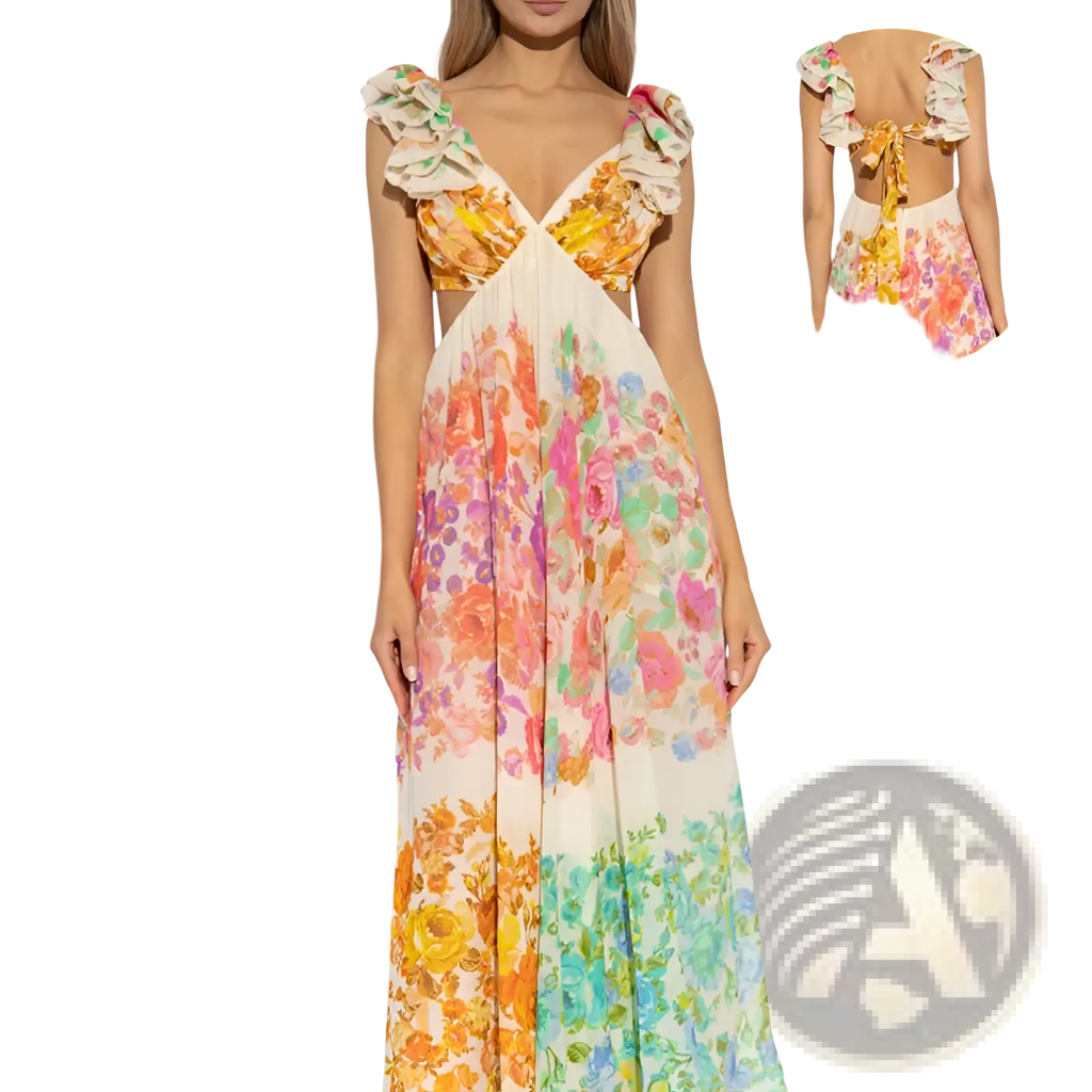 French Floral v Neck Ruffle Maxi Dress
