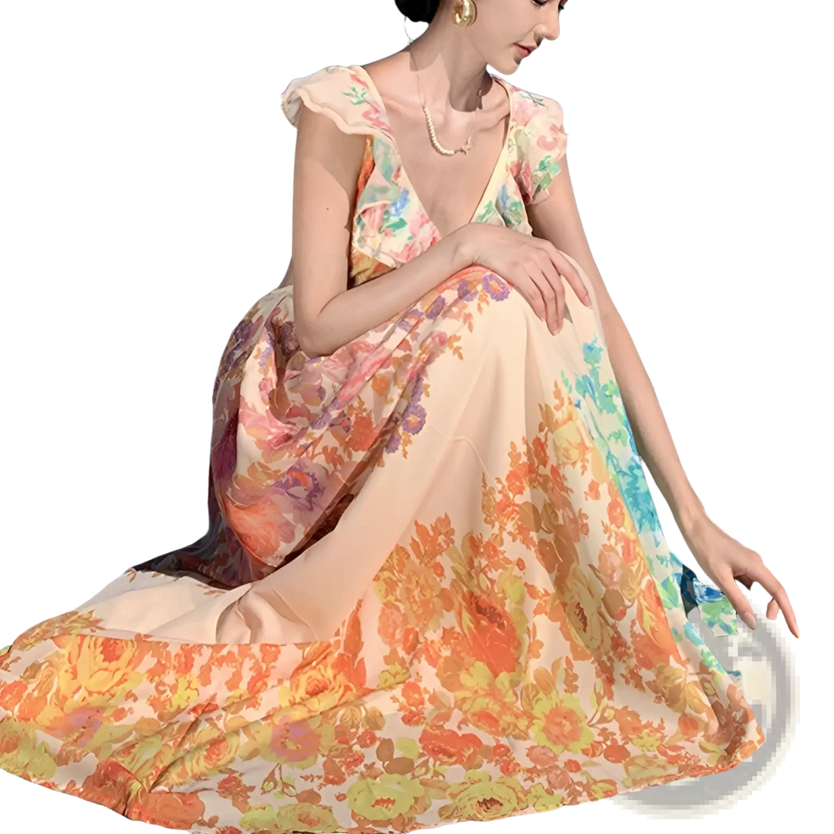 French Floral v Neck Ruffle Maxi Dress
