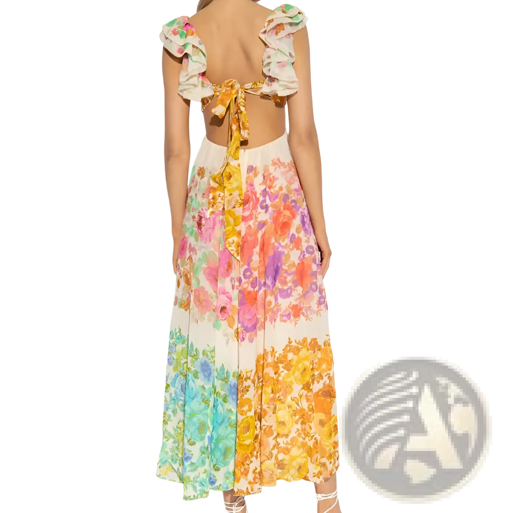 French Floral v Neck Ruffle Maxi Dress