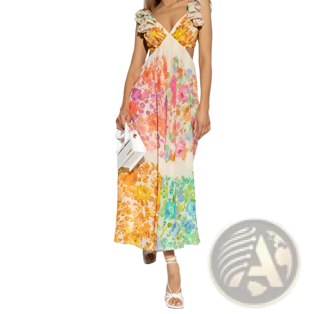 French Floral v Neck Ruffle Maxi Dress