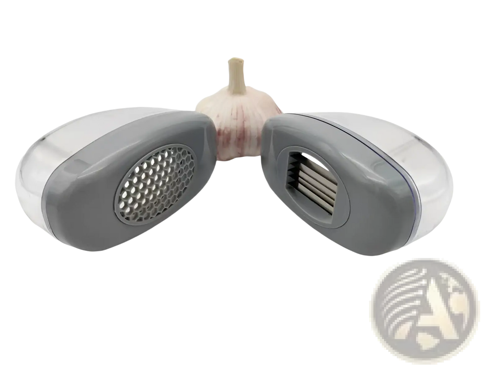 Garlic Press with Stainless Steel Blades and Gray Case