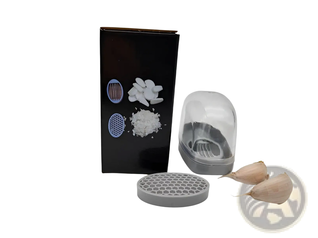 Garlic Press with Stainless Steel Blades and Gray Case