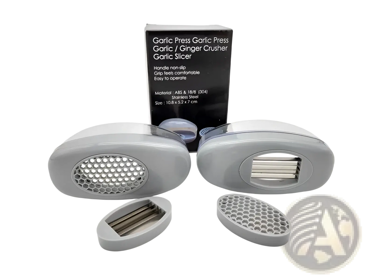 Garlic Press with Stainless Steel Blades and Gray Case
