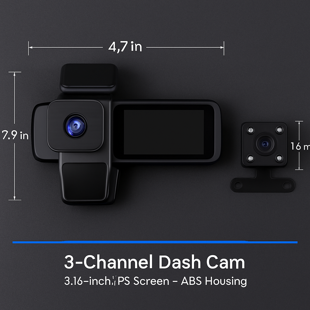 3-Channel WiFi Dash Cam with Night Vision and G-Sensor