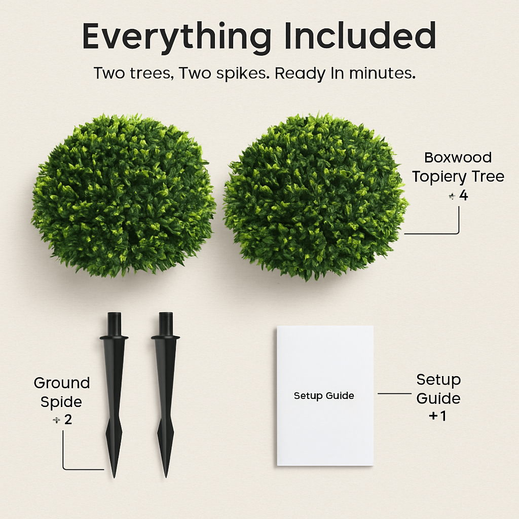 2 Packs Faux Boxwood Ball Trees Artificial Peanut Topiary Tree UV Resistant Artificial Shrubs Fake Plants Evergreen Artificial Bush with Ground Spike