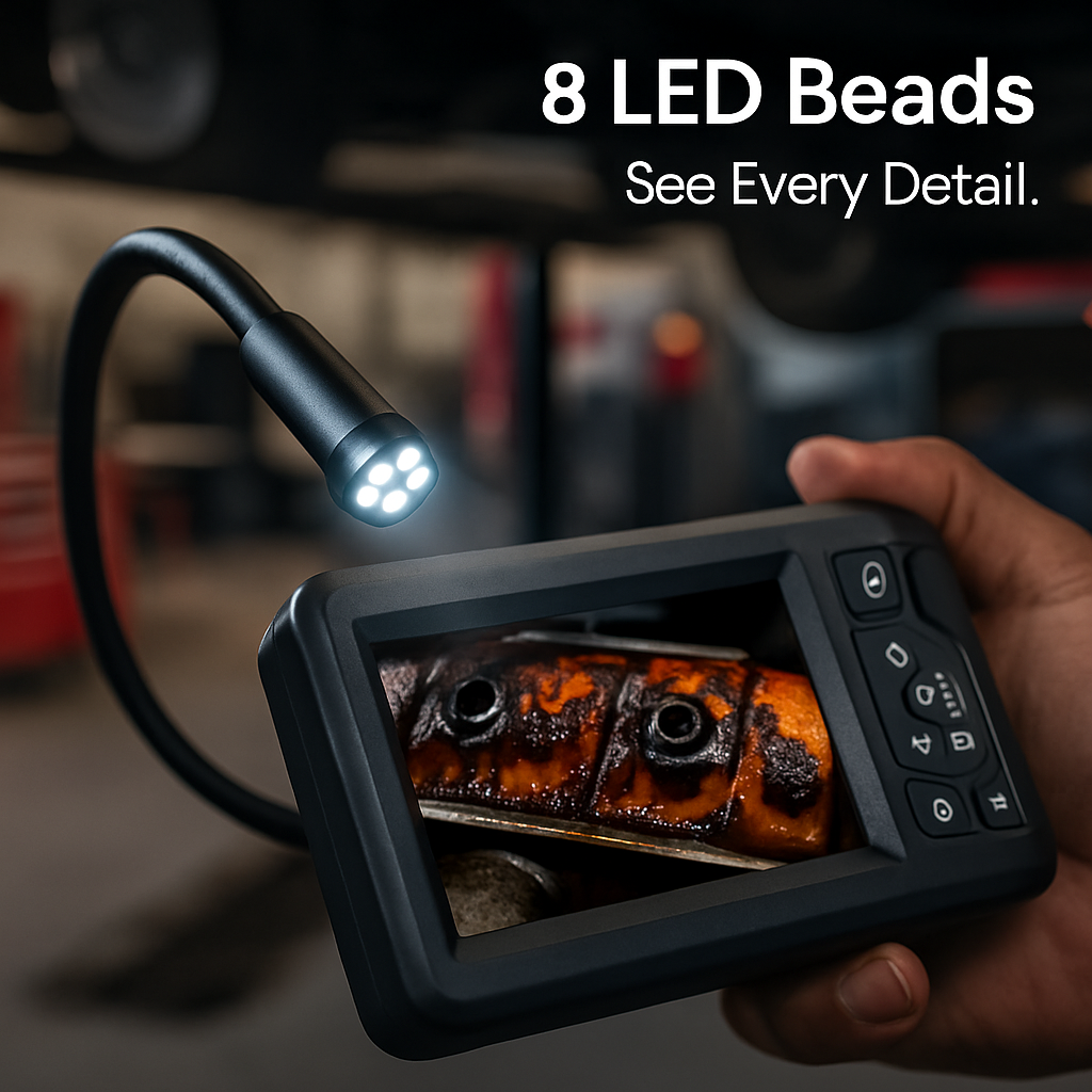 1080P Endoscope Camera with 8 LED Light 8mm Borescope Inspection Camera 4.3” Colorful Screen IP67 Waterproof 16.4FT Semi-Rigid Cord Handheld Snake Cam