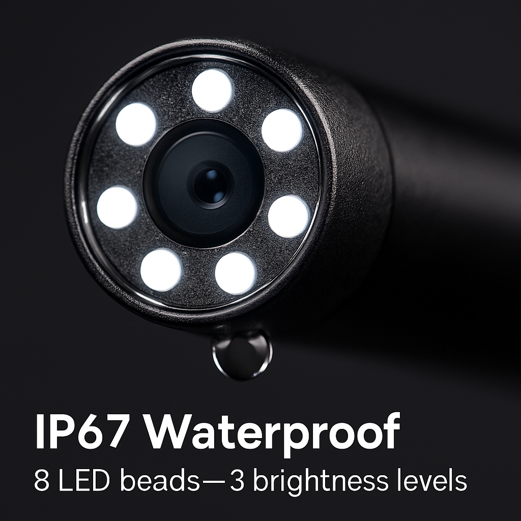 1080P Endoscope Camera with 8 LED Light 8mm Borescope Inspection Camera 4.3” Colorful Screen IP67 Waterproof 16.4FT Semi-Rigid Cord Handheld Snake Cam